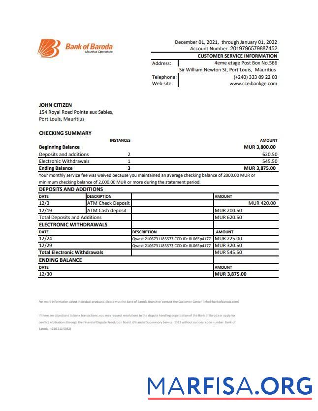Downloadable Mauritius Bank of Boroda bank statement excel example